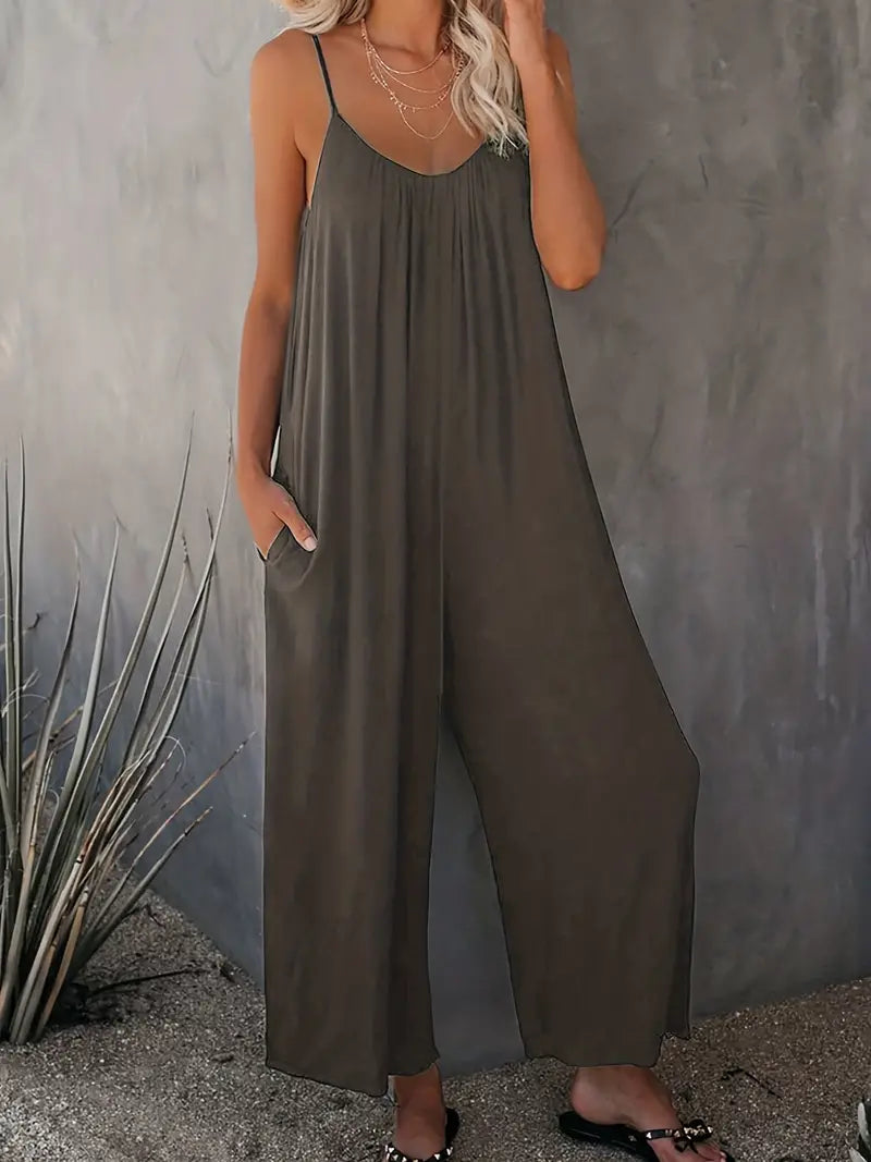 Women's Casual Boho Sleeveless Jumpsuit with Wide Legs and Ruched Design