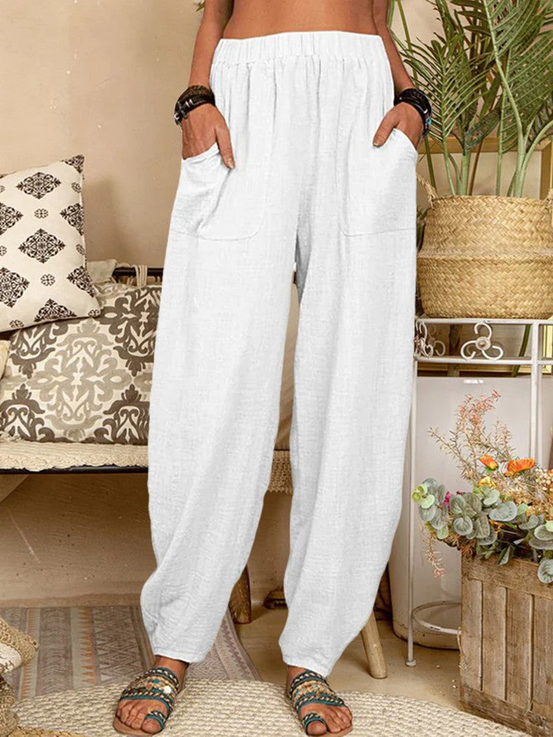 Spring & Summer Linen Harem Pants - Elastic Waistband with Pockets