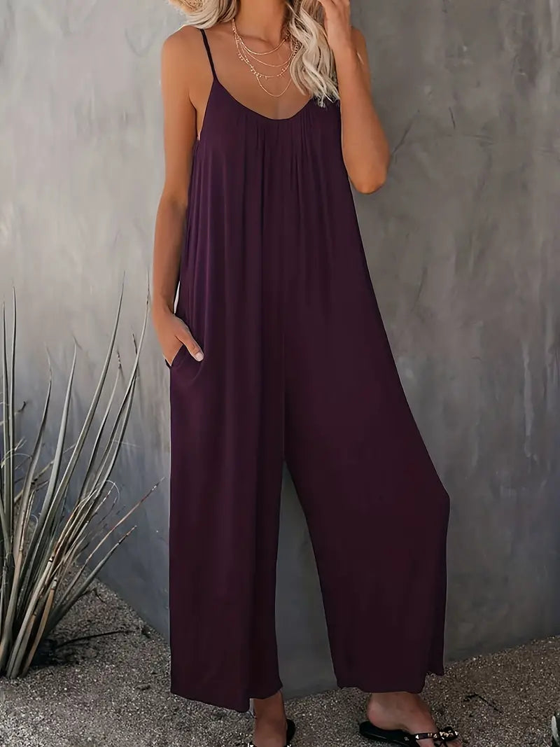 Women's Casual Boho Sleeveless Jumpsuit with Wide Legs and Ruched Design