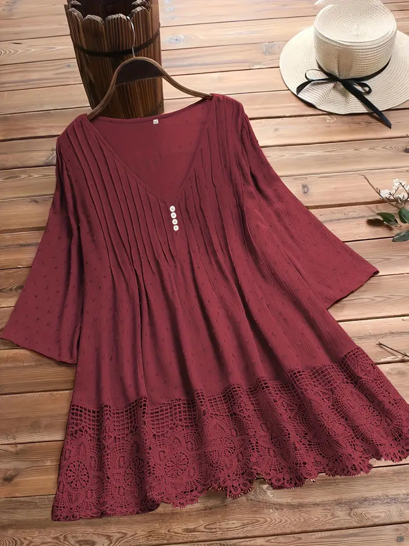 Elegant Plus Size Button Up Top - Cotton Linen Wave Trim Cut Out