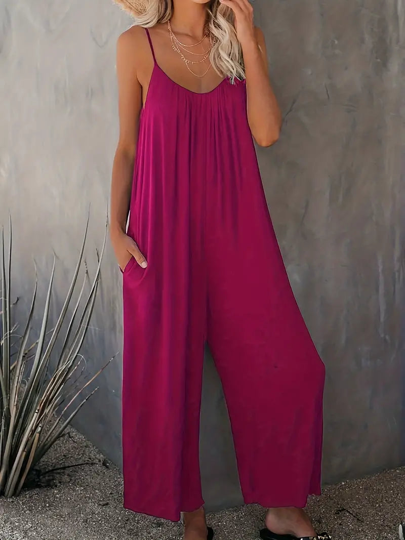 Women's Casual Boho Sleeveless Jumpsuit with Wide Legs and Ruched Design