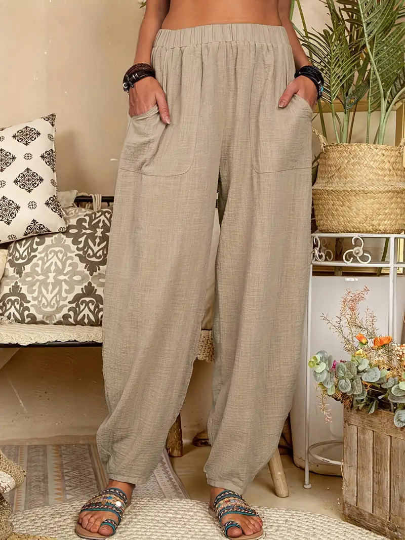 Spring & Summer Linen Harem Pants - Elastic Waistband with Pockets