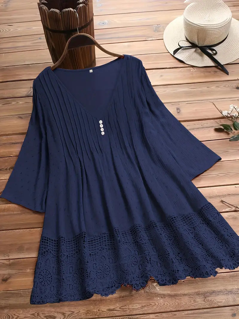 Elegant Plus Size Button Up Top - Cotton Linen Wave Trim Cut Out