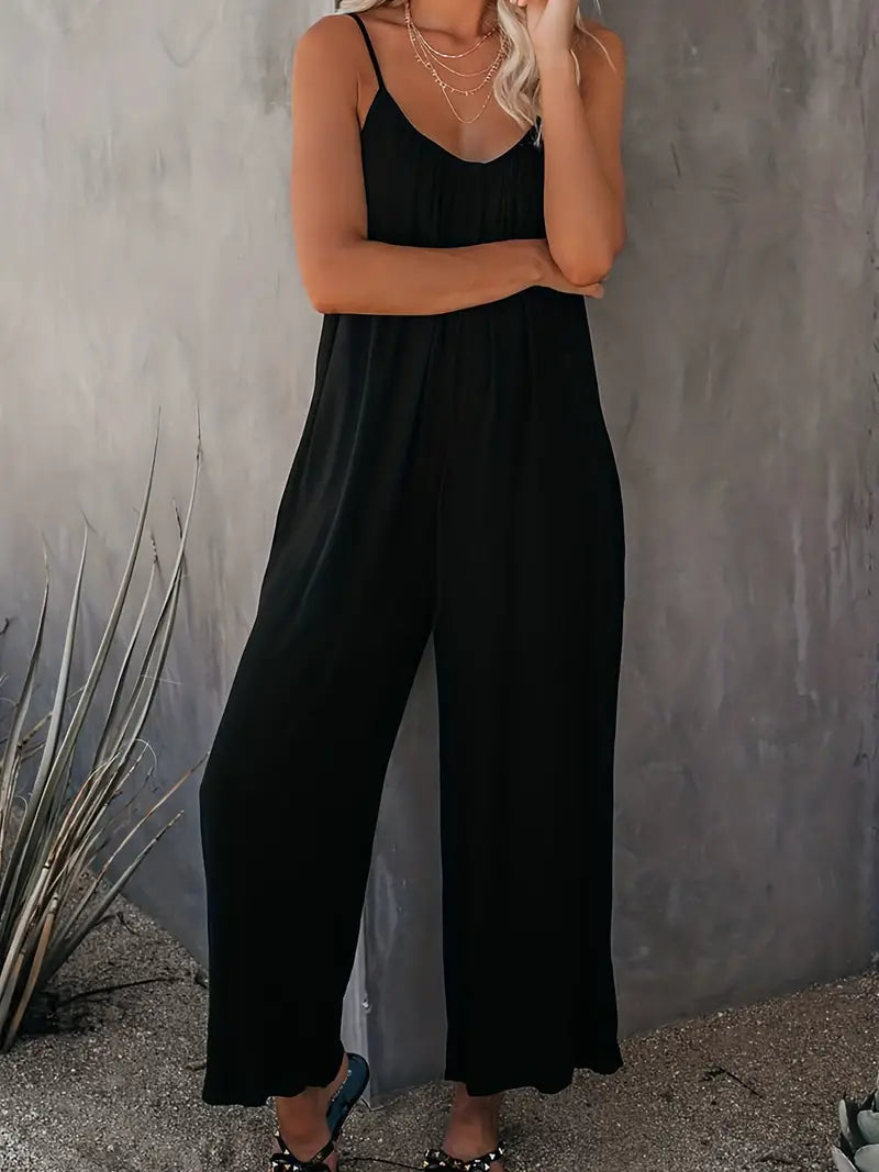 Women's Casual Boho Sleeveless Jumpsuit with Wide Legs and Ruched Design