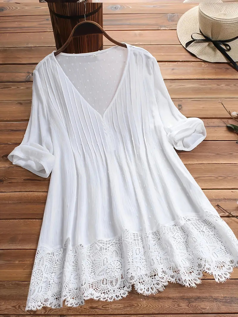 Elegant Plus Size Button Up Top - Cotton Linen Wave Trim Cut Out