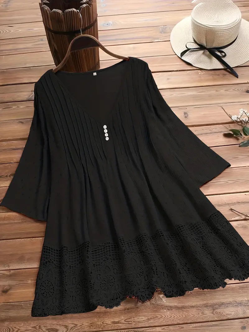 Elegant Plus Size Button Up Top - Cotton Linen Wave Trim Cut Out
