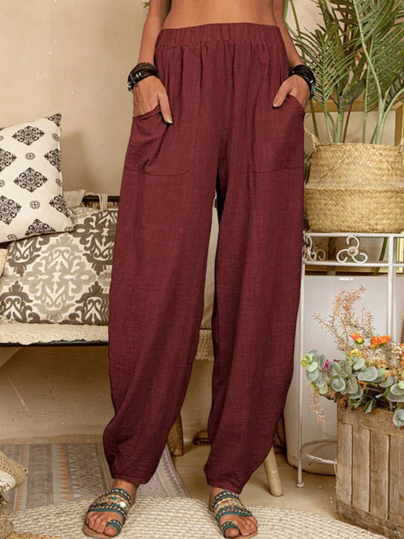Spring & Summer Linen Harem Pants - Elastic Waistband with Pockets