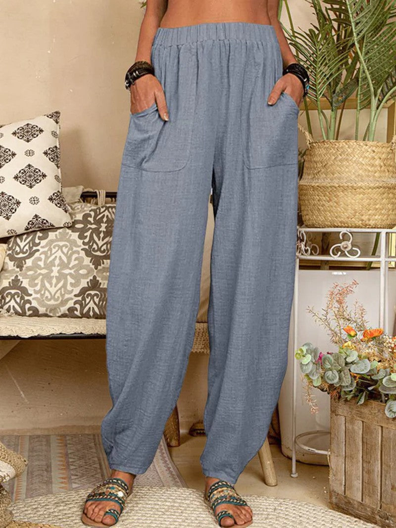 Spring & Summer Linen Harem Pants - Elastic Waistband with Pockets