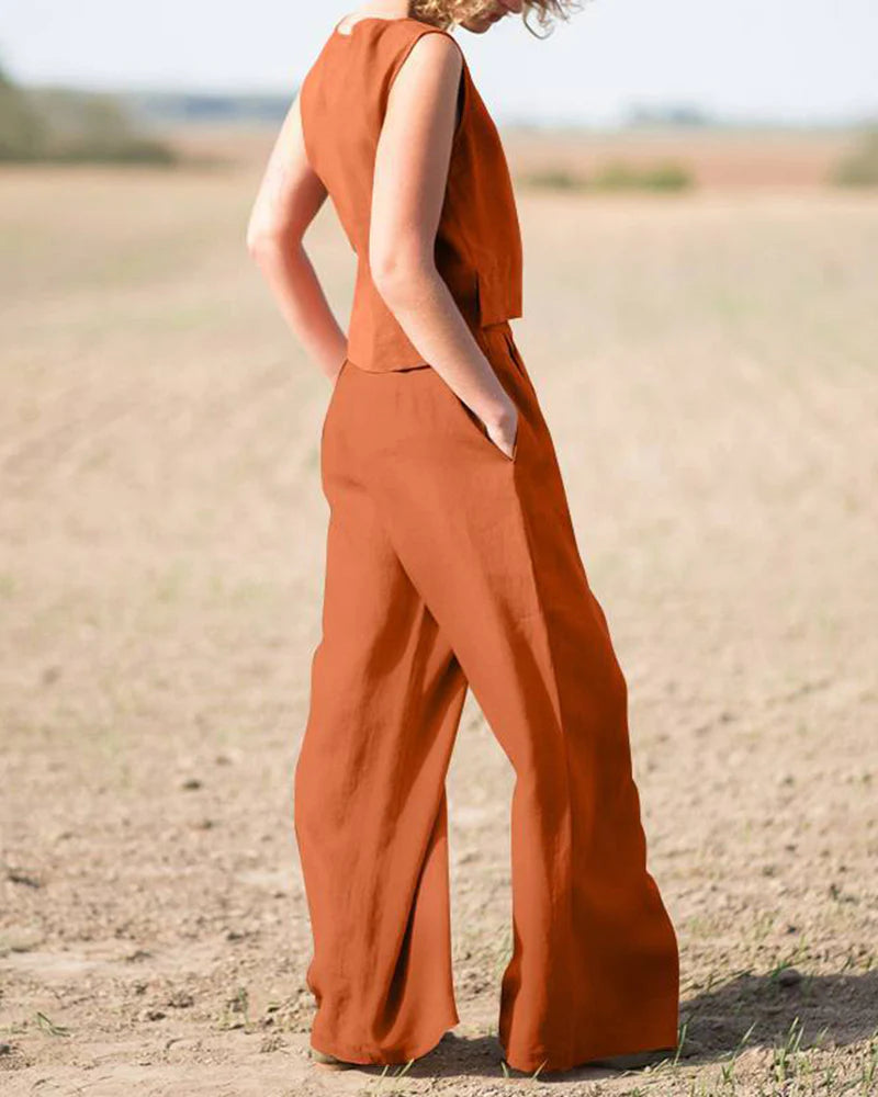 Women's Sleeveless Tank Top and Wide Leg Pants Set for a Casual Look
