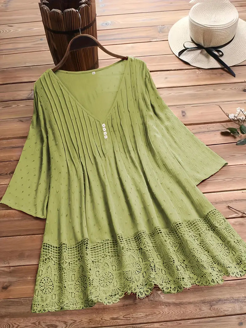 Elegant Plus Size Button Up Top - Cotton Linen Wave Trim Cut Out