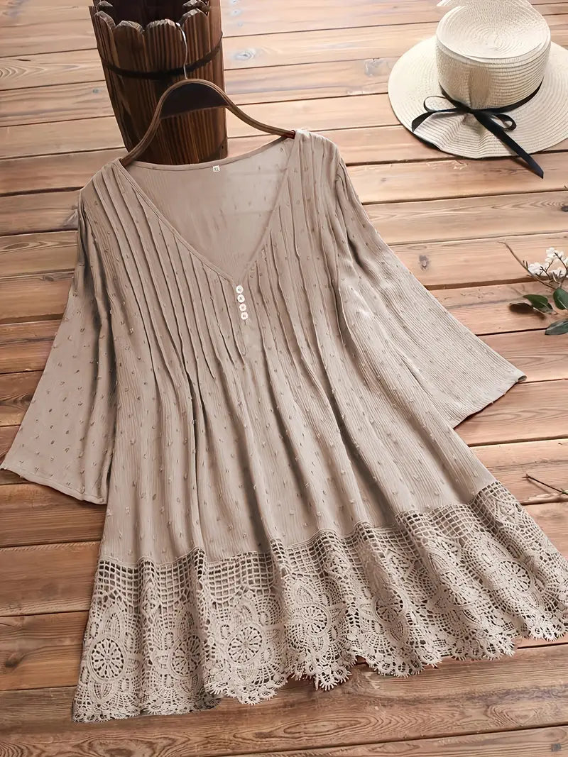 Elegant Plus Size Button Up Top - Cotton Linen Wave Trim Cut Out