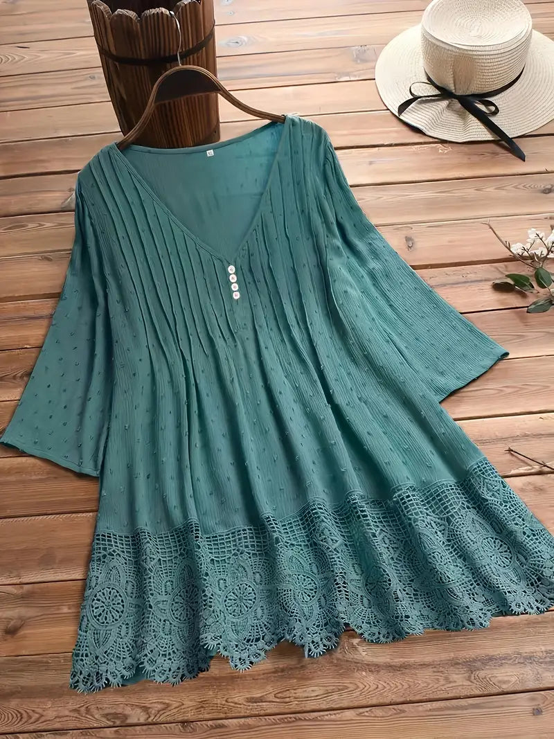 Elegant Plus Size Button Up Top - Cotton Linen Wave Trim Cut Out