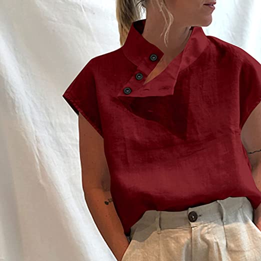 Spring & Summer Ready: Short Sleeve Mock Neck Blouse - Solid Color