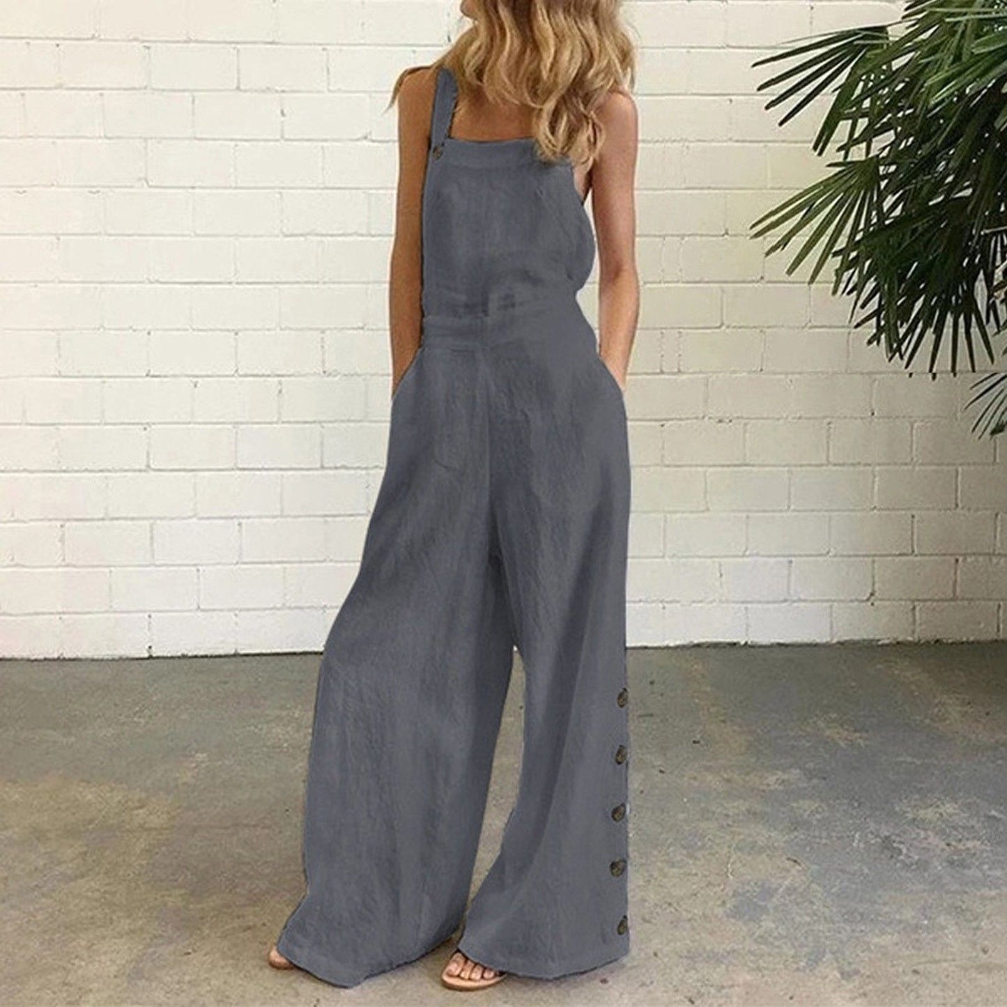 Sleeveless Overalls Jumpsuit Casual Solid Wide Leg Bib Pants Rompers
