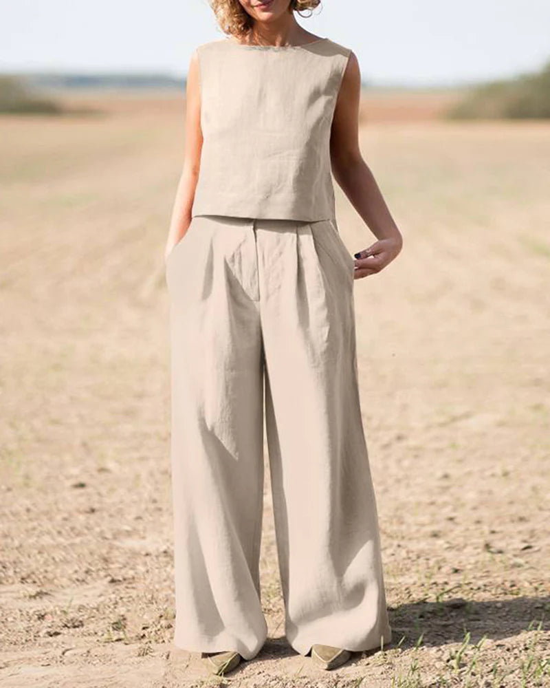 Women's Sleeveless Tank Top and Wide Leg Pants Set for a Casual Look