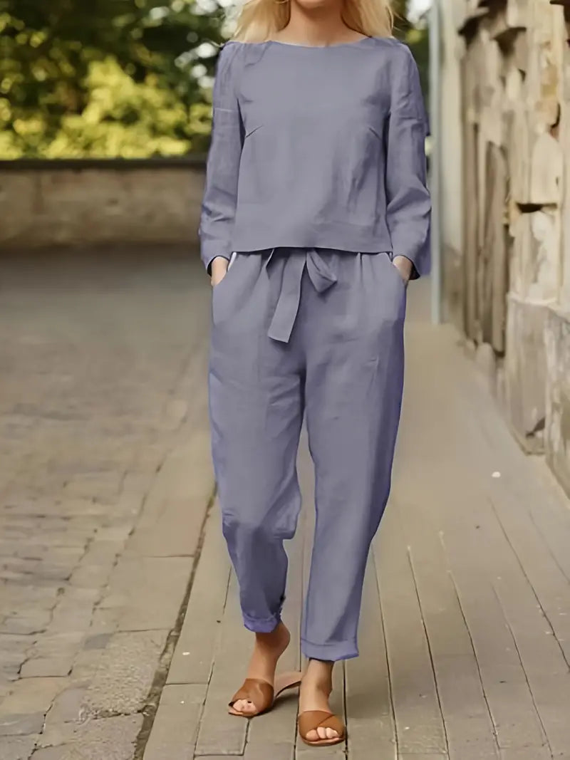 Women's Two Piece Pantsuit Set - Solid Top & High-waisted Pants