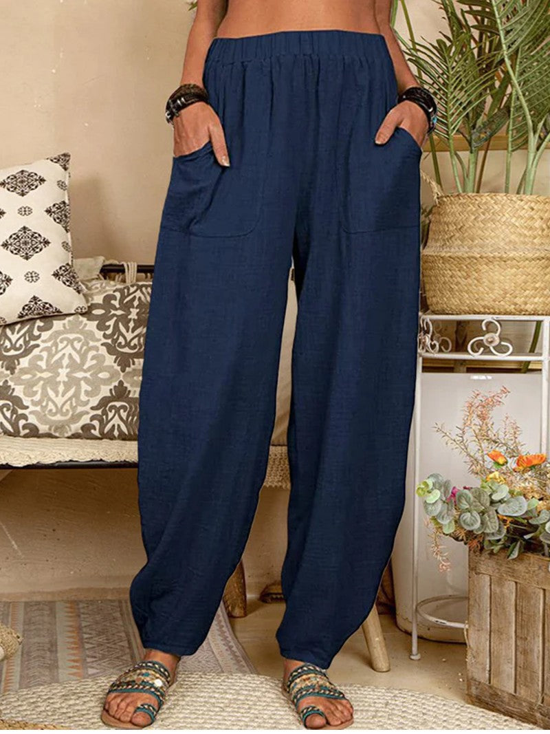 Spring & Summer Linen Harem Pants - Elastic Waistband with Pockets