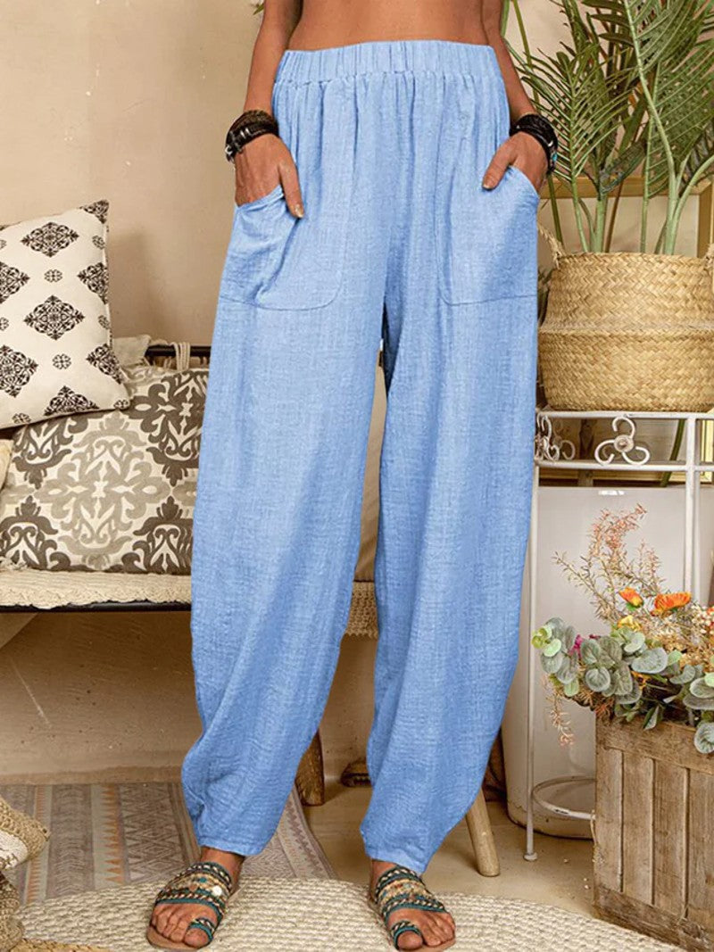 Spring & Summer Linen Harem Pants - Elastic Waistband with Pockets