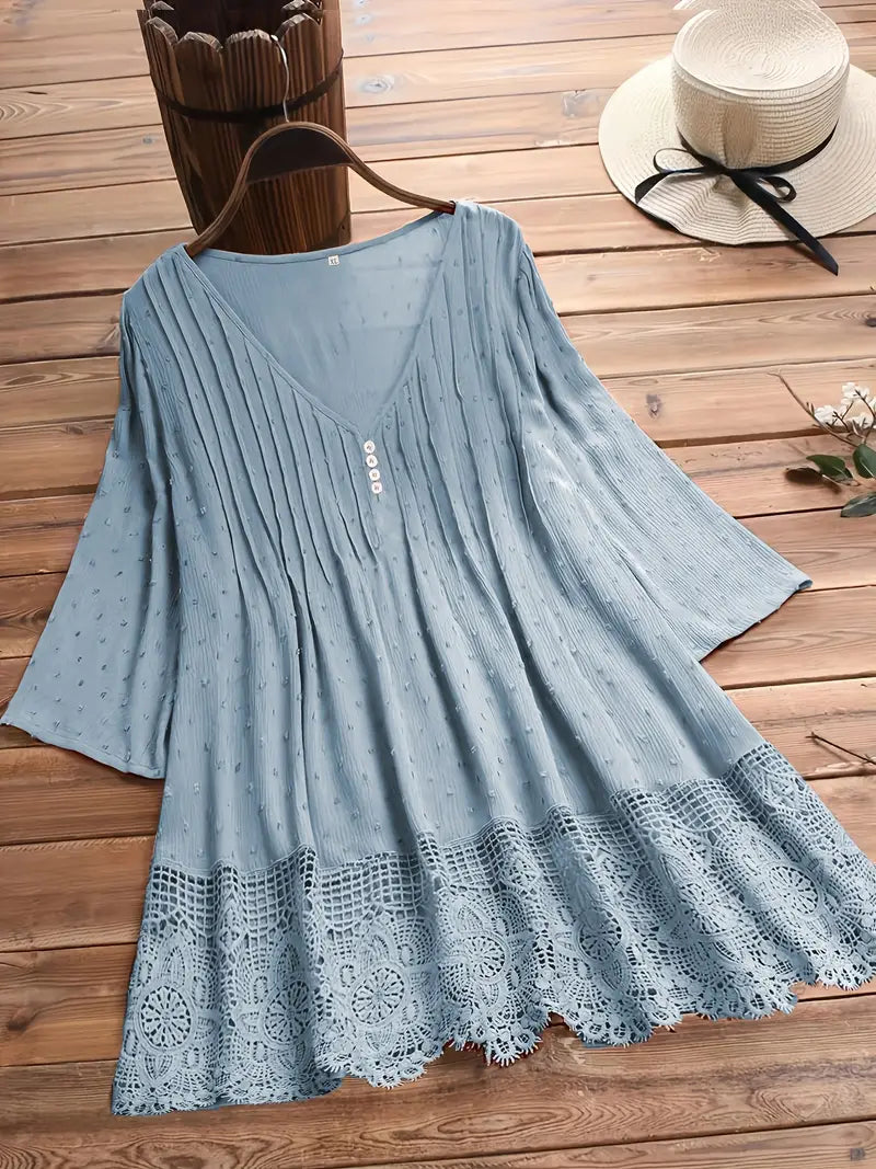 Elegant Plus Size Button Up Top - Cotton Linen Wave Trim Cut Out