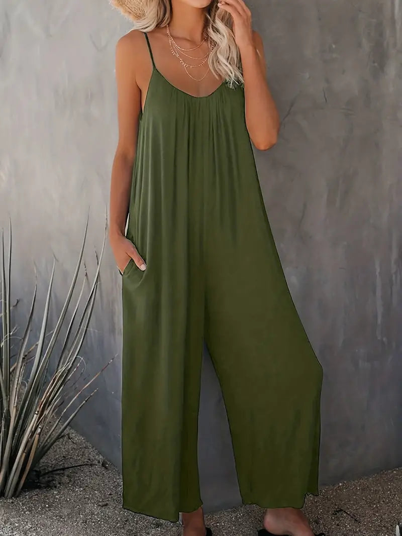Women's Casual Boho Sleeveless Jumpsuit with Wide Legs and Ruched Design