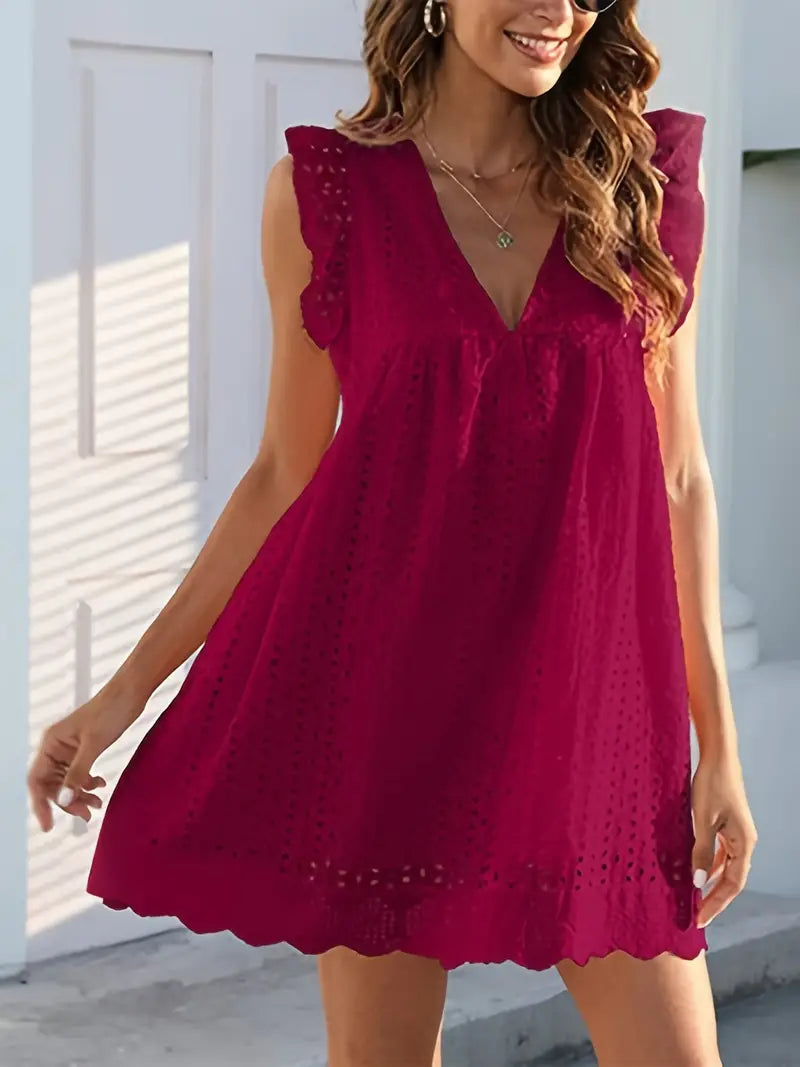 On This Week Sale OFF 50%🔥2023 Lace Contrast Ruffle Trapeze Dress, Cut Out V-neck Sleeveless Waist Summer Going Out Dresses