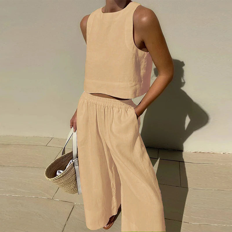 Two Piece Outfits Sleeveless Crop Tops Elastic Waist Wide Leg Pants Set