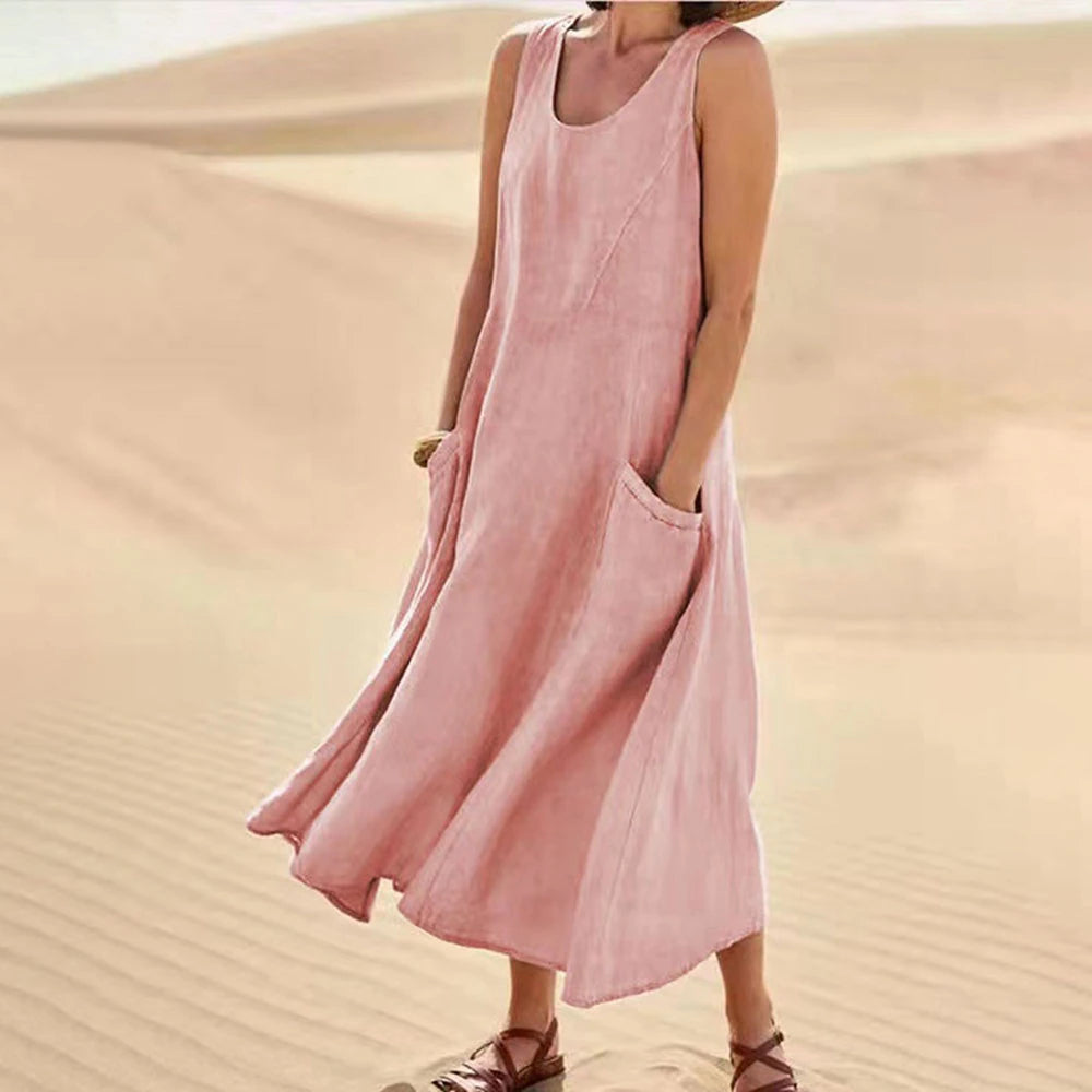 Women's Sleeveless Cotton And Linen Dress