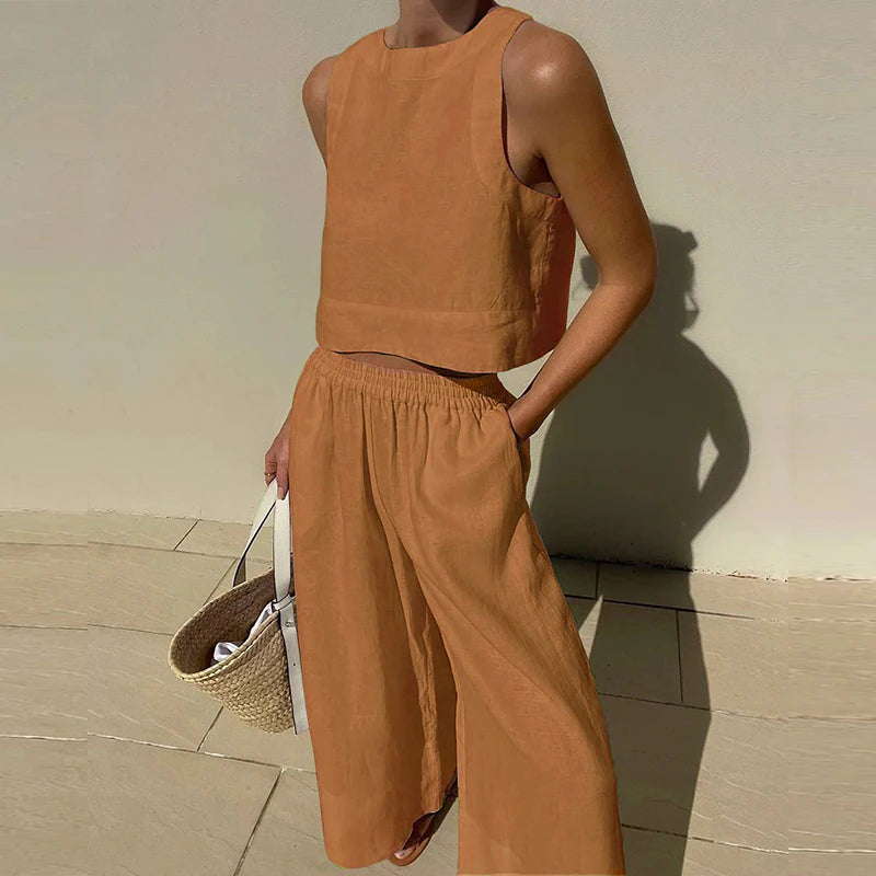 Two Piece Outfits Sleeveless Crop Tops Elastic Waist Wide Leg Pants Set