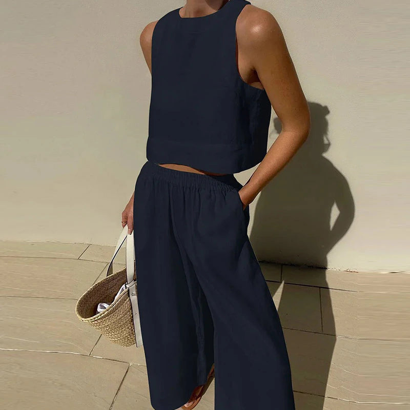 Two Piece Outfits Sleeveless Crop Tops Elastic Waist Wide Leg Pants Set