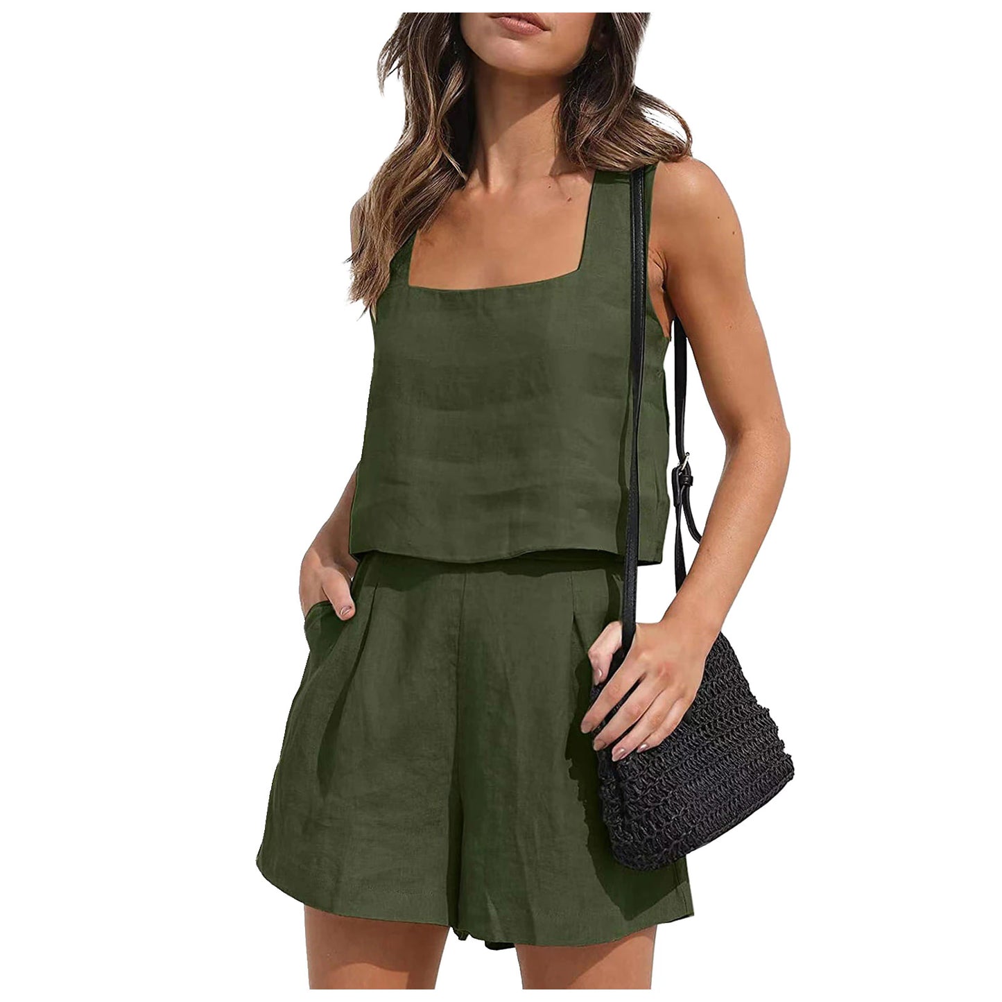 Women Solid Color Casual Shorts Pockets Two Piece Lounge Sets
