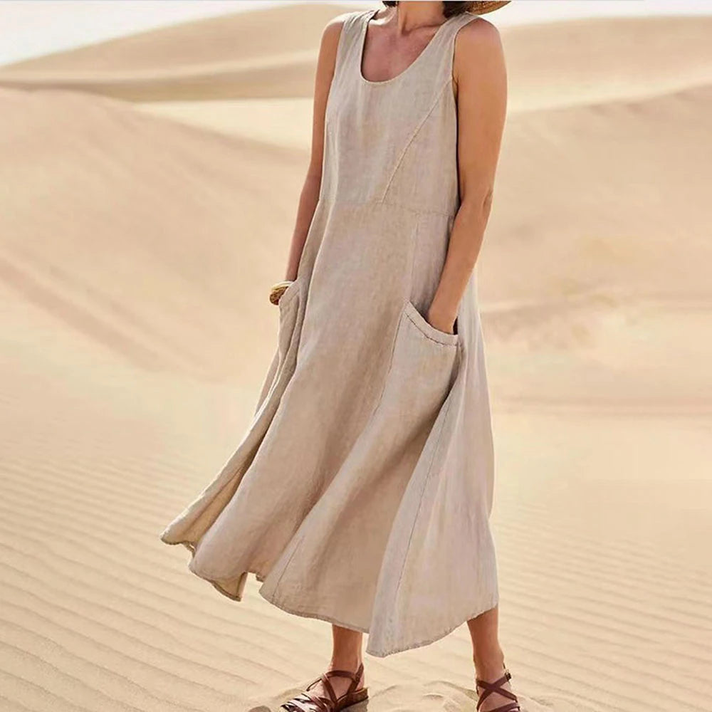 Women's Sleeveless Cotton And Linen Dress