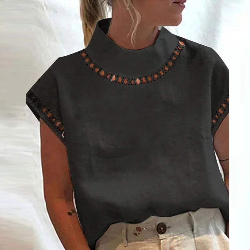 Solid Hollow Stand Collar T-Shirt, Casual Zipper Up Short Sleeve T-Shirt For Spring & Summer, Women's Clothing