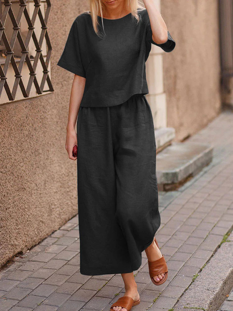 Women's Two-piece Set, Crew Neck Casual T-Shirt & Wide Leg Pants, Women's Clothing
