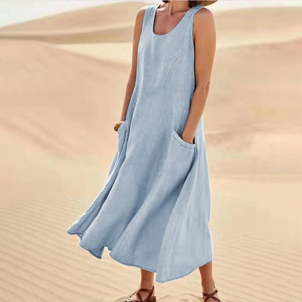 Women's Sleeveless Cotton And Linen Dress