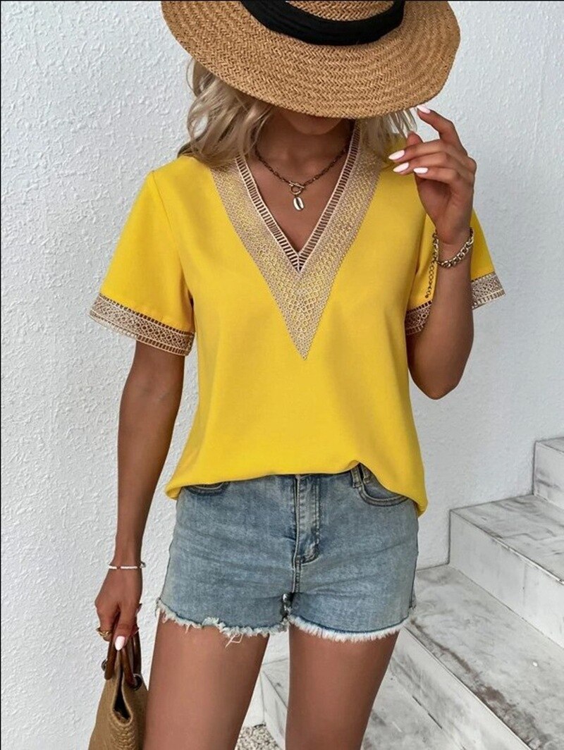 Women's Deep V-neck Lace Stitched Blouses - Stylish & Comfortable Short Sleeve Tops