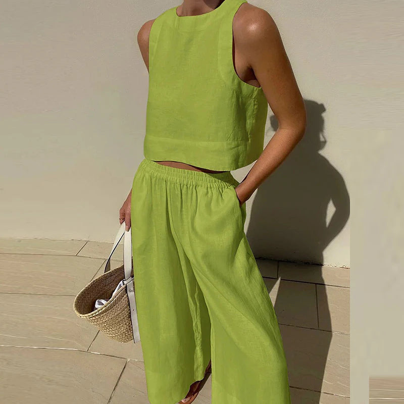 Two Piece Outfits Sleeveless Crop Tops Elastic Waist Wide Leg Pants Set