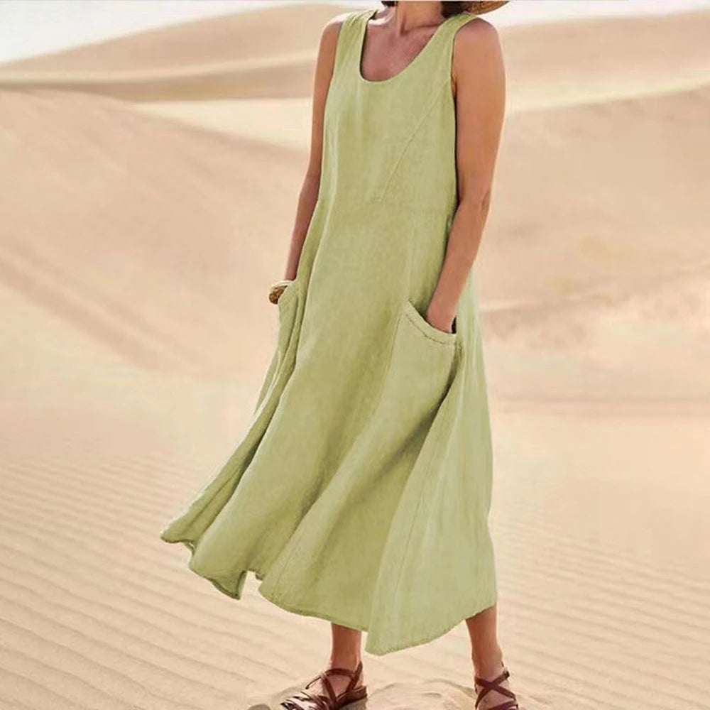 Women's Sleeveless Cotton And Linen Dress