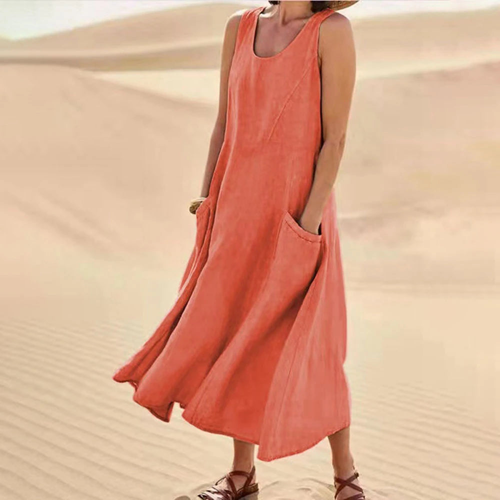 Women's Sleeveless Cotton And Linen Dress