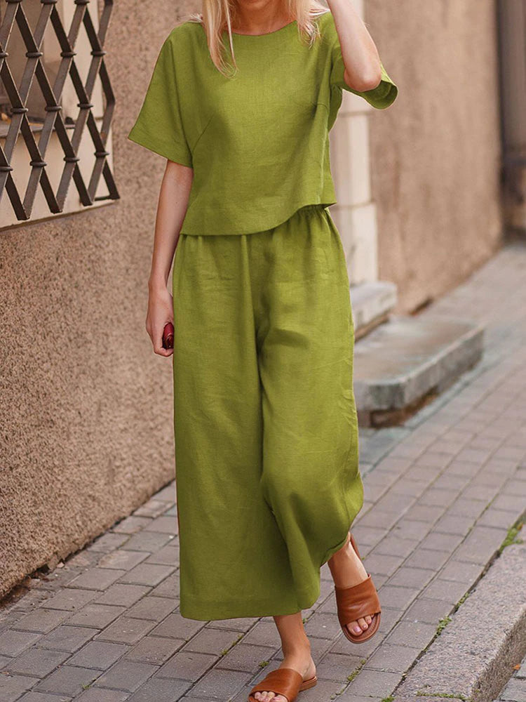 Women's Two-piece Set, Crew Neck Casual T-Shirt & Wide Leg Pants, Women's Clothing