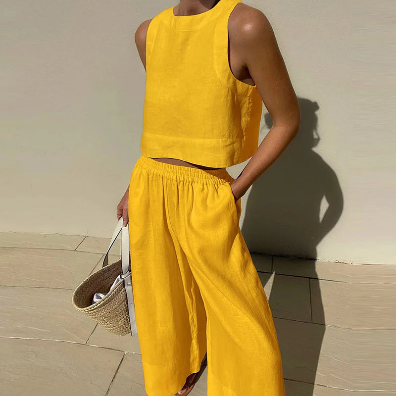 Two Piece Outfits Sleeveless Crop Tops Elastic Waist Wide Leg Pants Set