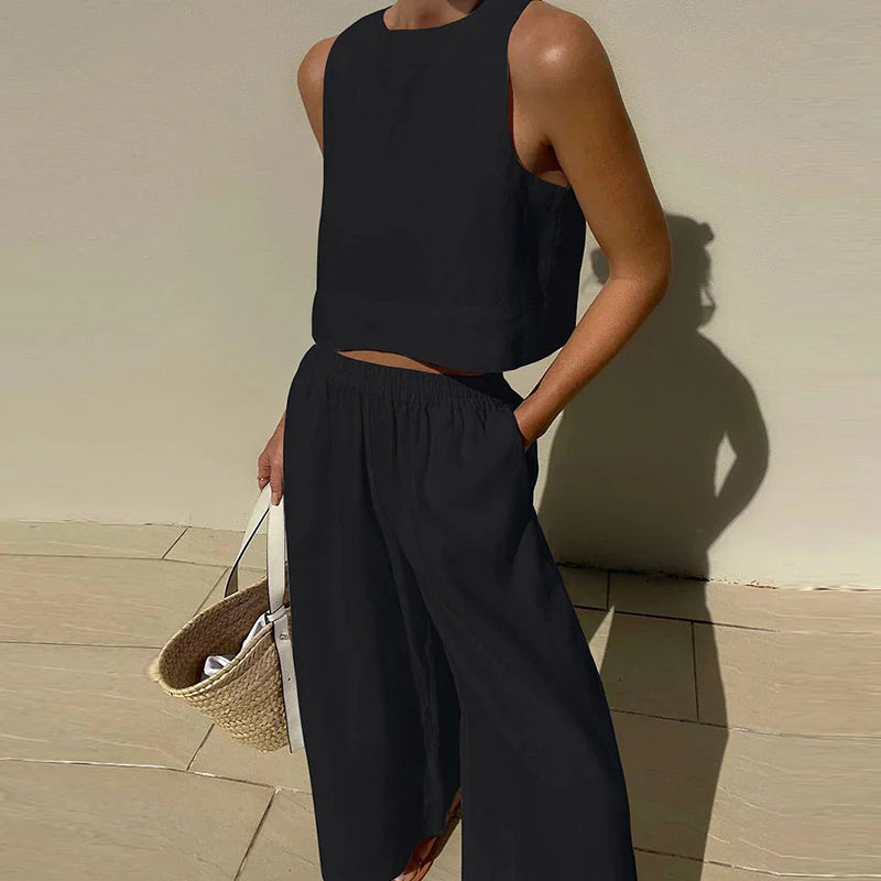 Two Piece Outfits Sleeveless Crop Tops Elastic Waist Wide Leg Pants Set