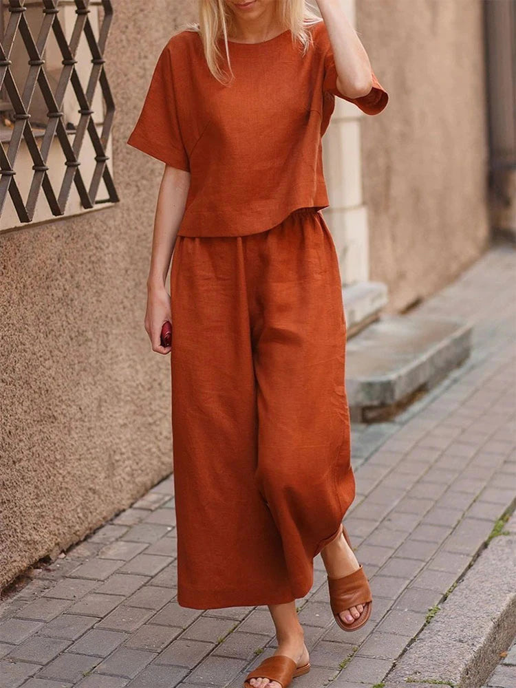 Women's Two-piece Set, Crew Neck Casual T-Shirt & Wide Leg Pants, Women's Clothing