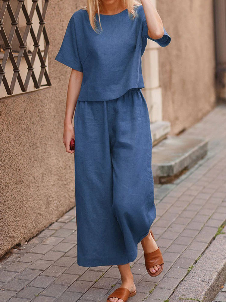 Women's Two-piece Set, Crew Neck Casual T-Shirt & Wide Leg Pants, Women's Clothing
