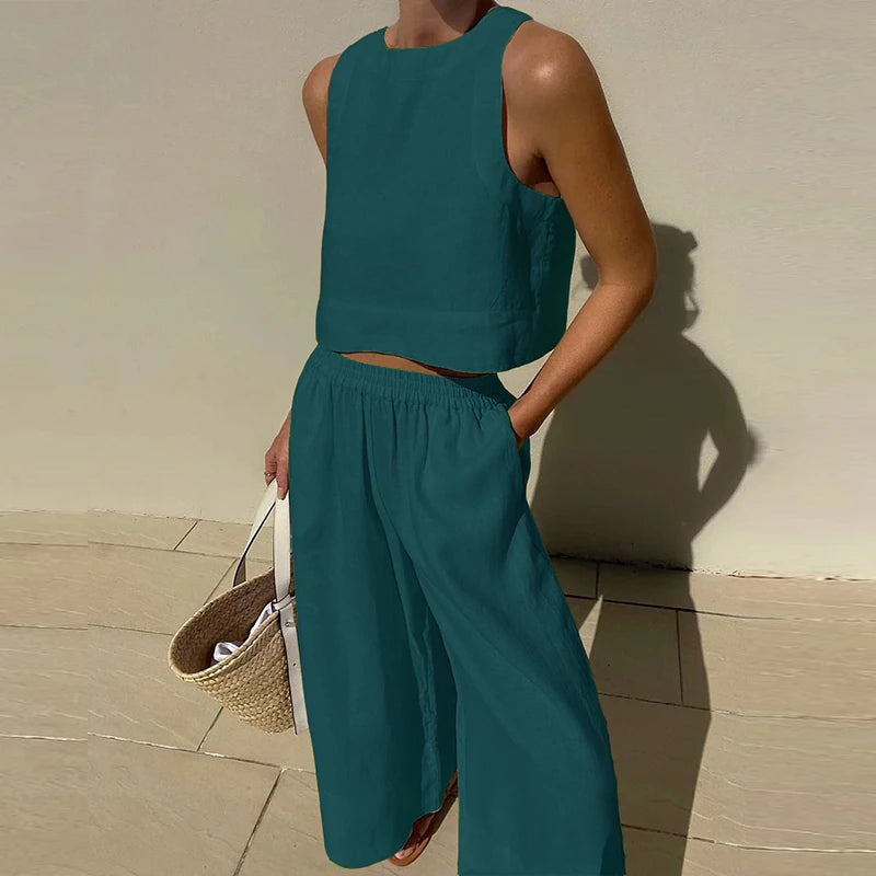Two Piece Outfits Sleeveless Crop Tops Elastic Waist Wide Leg Pants Set
