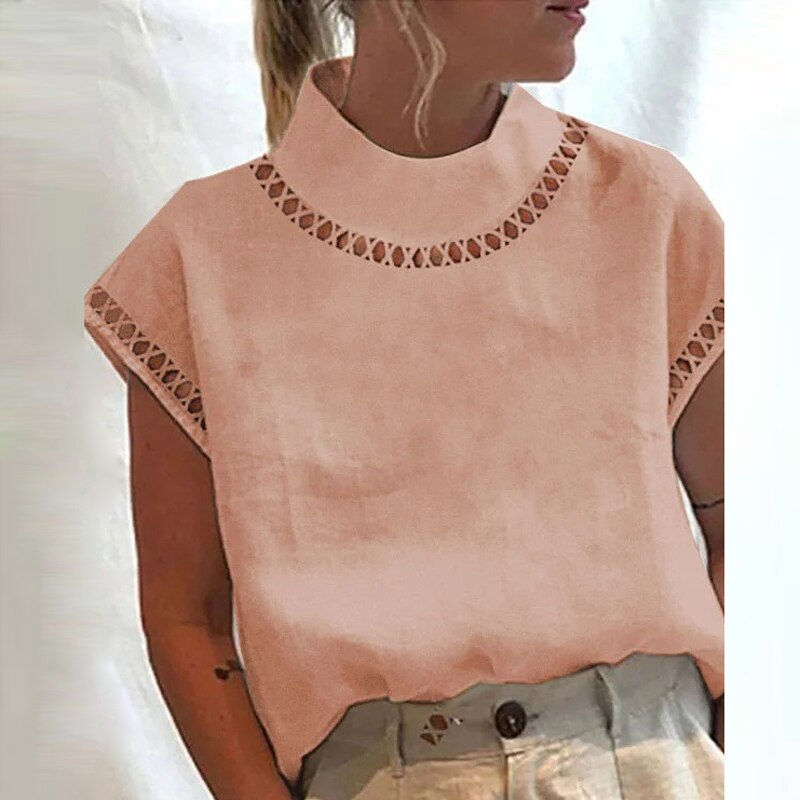 Solid Hollow Stand Collar T-Shirt, Casual Zipper Up Short Sleeve T-Shirt For Spring & Summer, Women's Clothing
