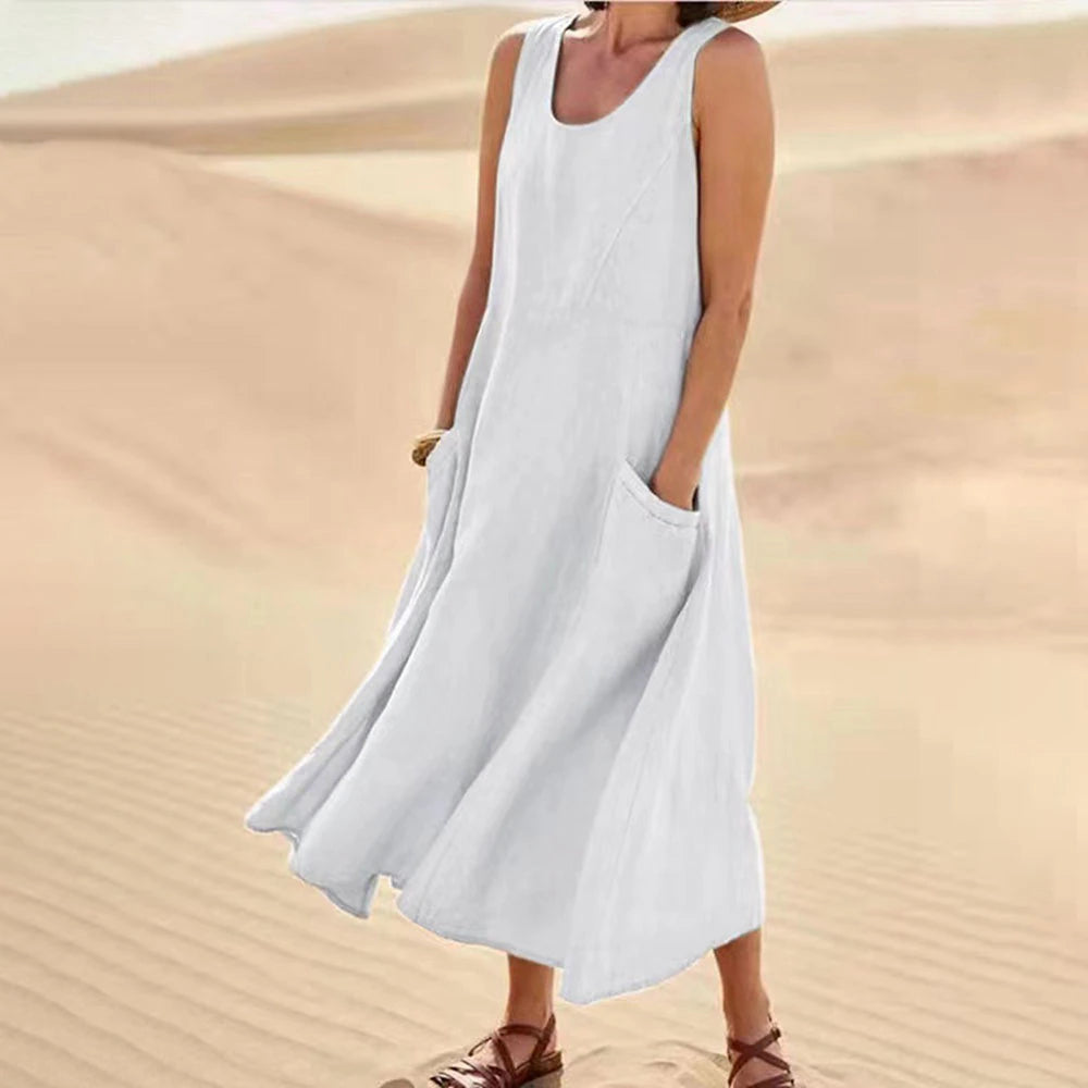 Women's Sleeveless Cotton And Linen Dress