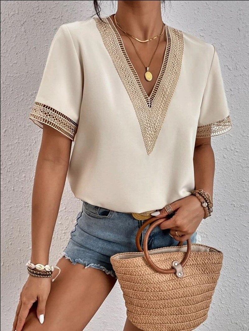 Women's Deep V-neck Lace Stitched Blouses - Stylish & Comfortable Short Sleeve Tops