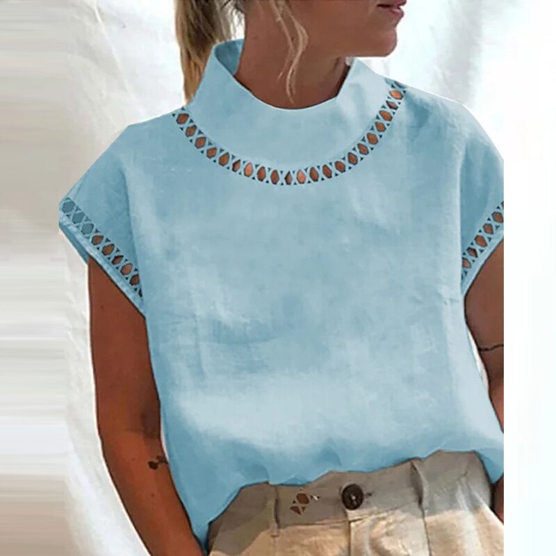 Solid Hollow Stand Collar T-Shirt, Casual Zipper Up Short Sleeve T-Shirt For Spring & Summer, Women's Clothing