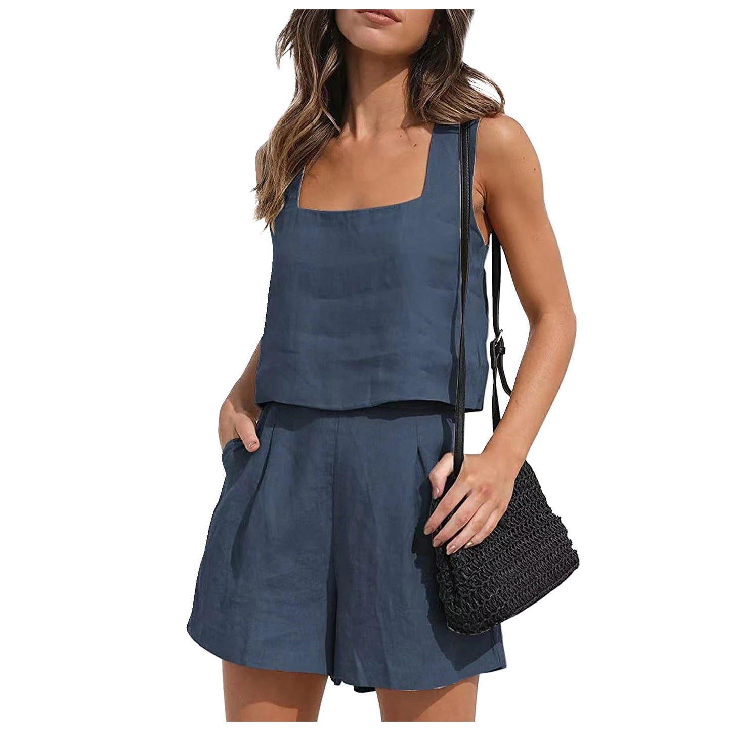 Women Solid Color Casual Shorts Pockets Two Piece Lounge Sets