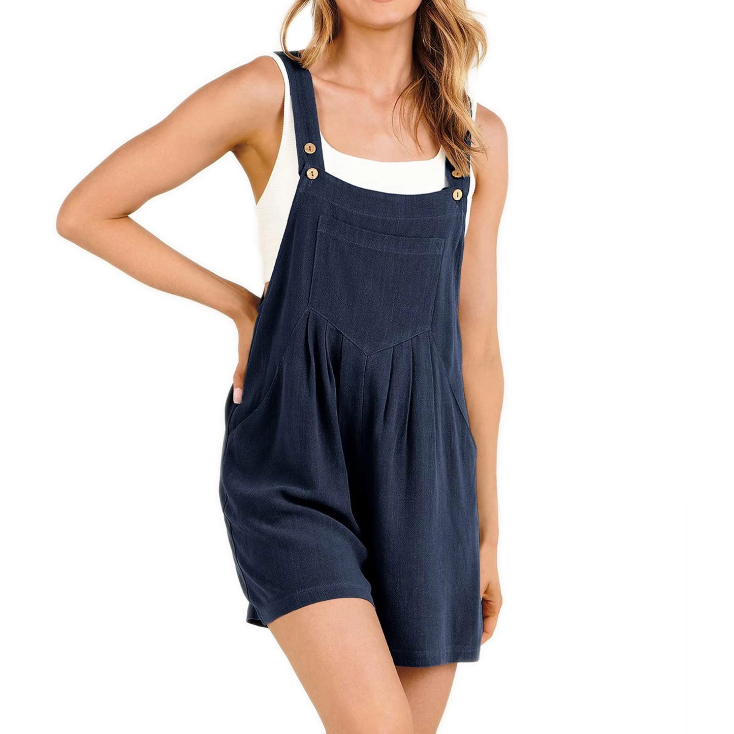 Summer Casual Women Adjustable Strap Rompers Loose Linen Short Bib Overalls